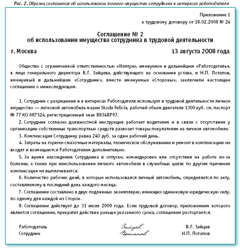 Положение о компенсации за использование личного транспорта образец