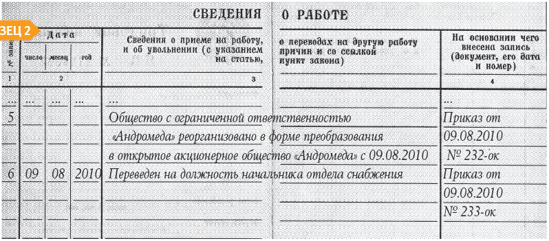 запись в трудовой при реорганизации предприятия образец
