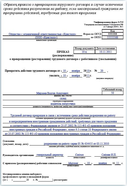 Приказ об отстранении от работы иностранного работника в связи с окончанием патента образец