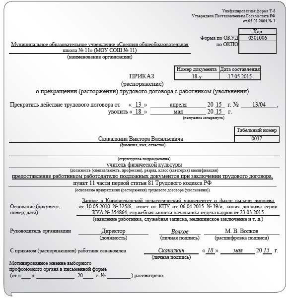 Увольнение по статье 81 тк. П. 11 Ч. 1 ст. 81 ТК приказ об увольнении. Образец приказа на увольнение по ст 81. Приказ об увольнении по п 1 ч 1 ст 77 ТК РФ образец. Образец приказа об увольнении по п 8 ч 1 ст 77 ТК РФ.