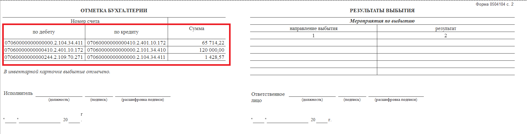 Результат выбытия основных средств. Акт 0504104 на списание основных средств. Результат выбытия. Акт списания основных средств результат выбытия. Форма 0504104 результат выбытия.